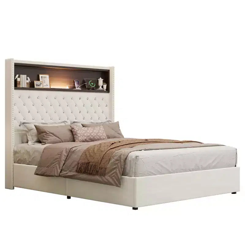 Telaio del letto imbottito in velluto Queen Size, letto a piattaforma con schienale ad ala, testiera alta 132 cm con decorazione a rivetto, mensola per testiera