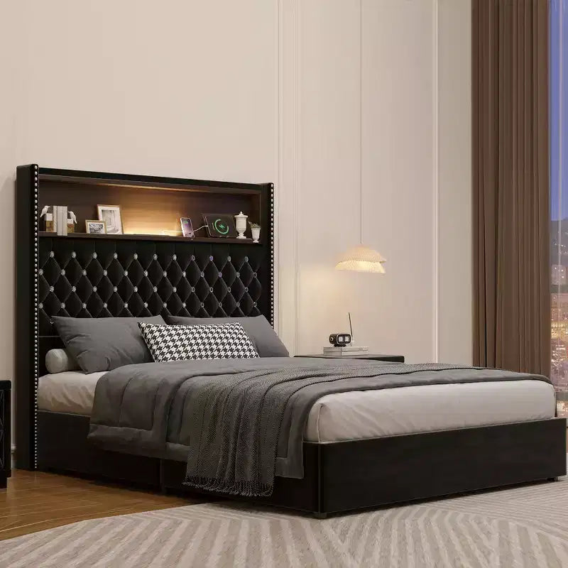 Telaio del letto imbottito in velluto Queen Size, letto a piattaforma con schienale ad ala, testiera alta 132 cm con decorazione a rivetto, mensola per testiera