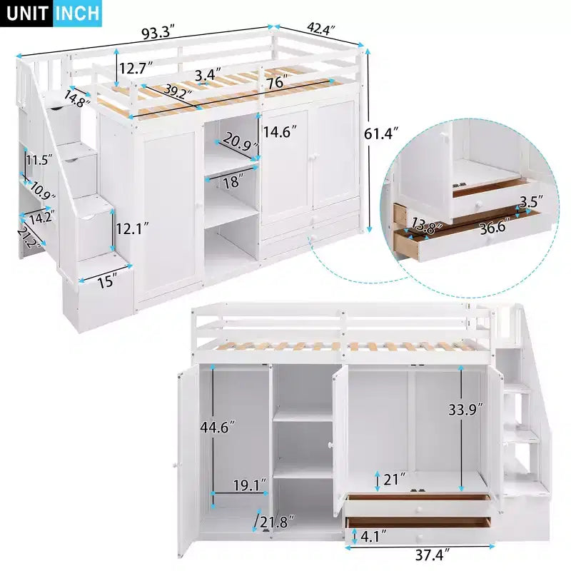 Letto a soppalco con 3 mensole, 2 armadi e 2 cassetti, scala con contenitore