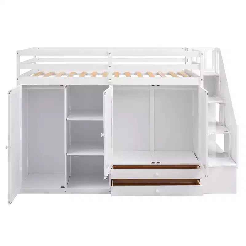 Letto a soppalco con 3 mensole, 2 armadi e 2 cassetti, scala con contenitore