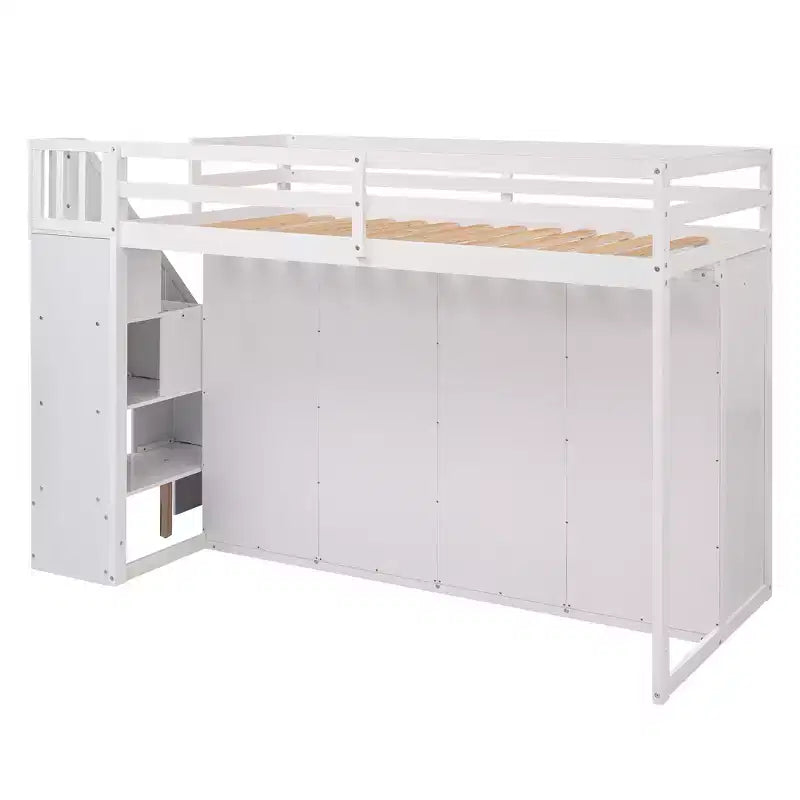 Letto a soppalco con 3 mensole, 2 armadi e 2 cassetti, scala con contenitore