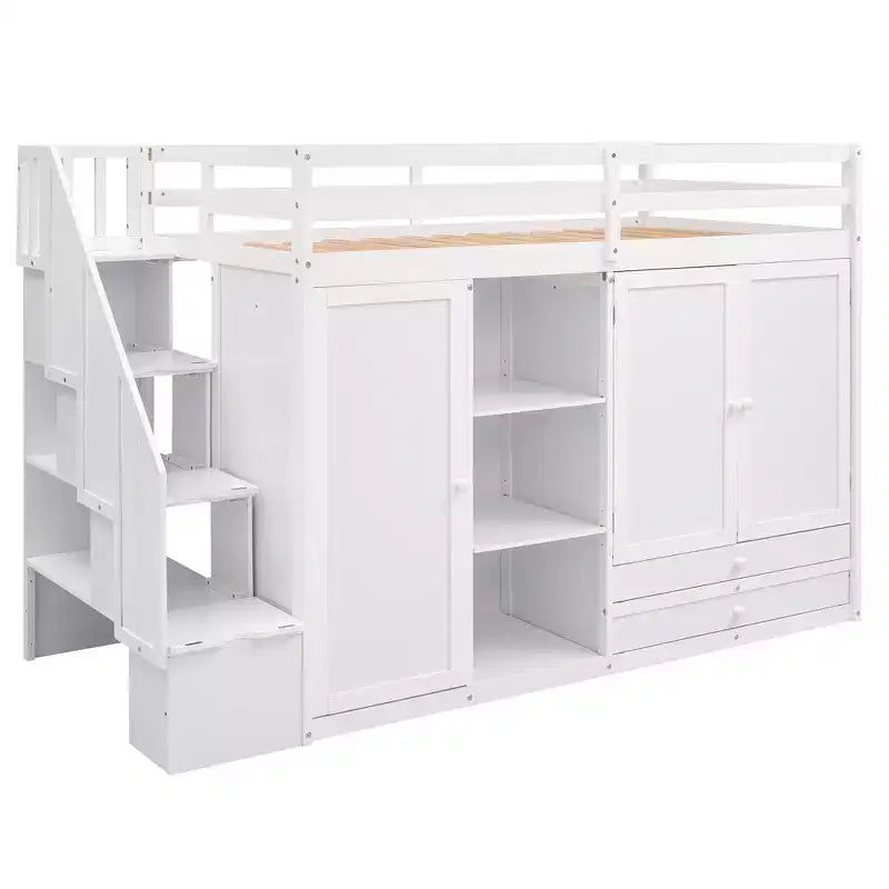 Letto a soppalco con 3 mensole, 2 armadi e 2 cassetti, scala con contenitore