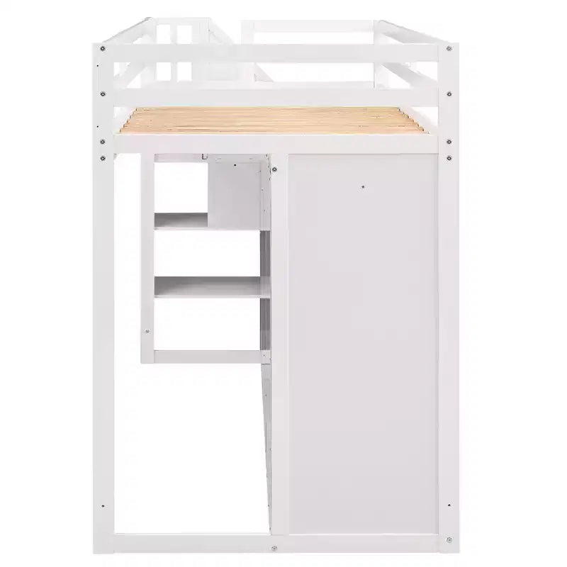 Letto a soppalco con 3 mensole, 2 armadi e 2 cassetti, scala con contenitore