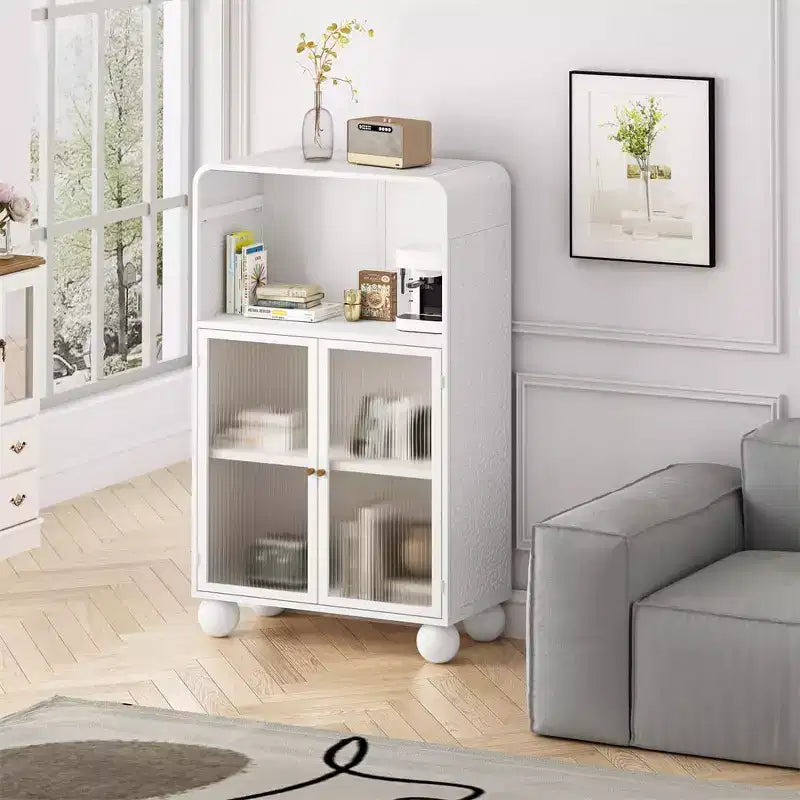 Mobiletto da Bagno con Ante, Mobile Contenitore Alto 115 cm con Sportelli in Vetro, Armadietto Espositore Autoportante per Cucina, Soggiorno, Corridoio.