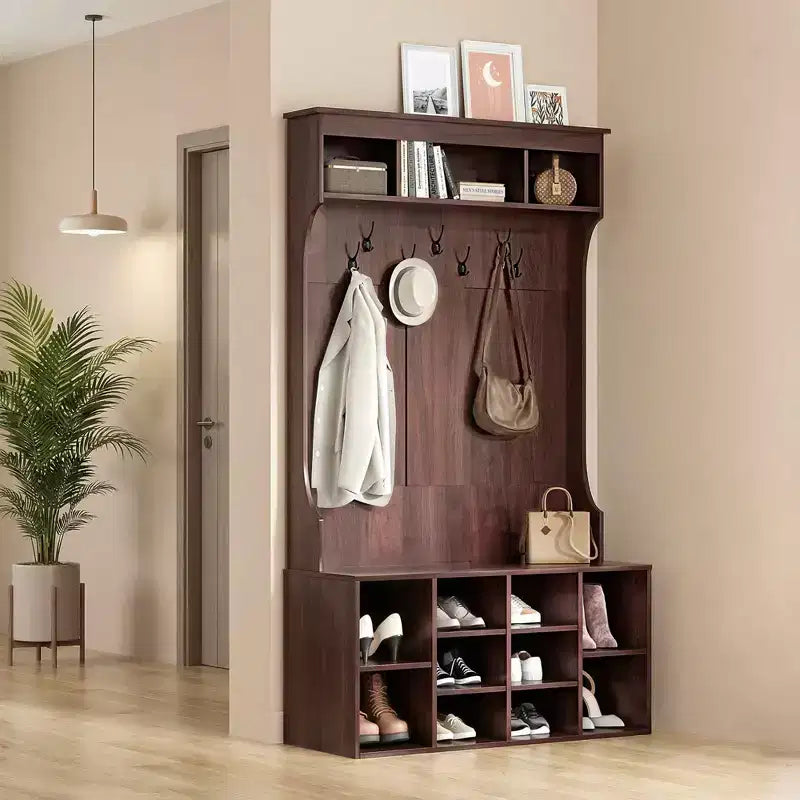 Mobile Appendiabiti con Scarpiera, 7 Ganci, in Noce Canaletto - Indipendente, con Panca Regolabile, per Ingresso/Mudroom