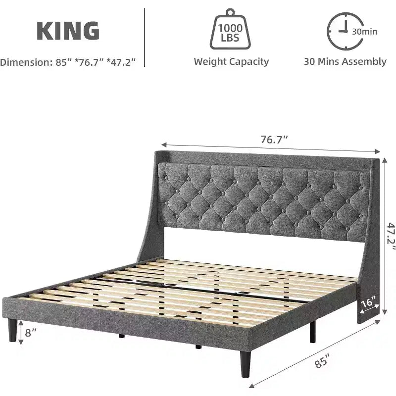 Struttura Letto Imbottita King Size con Porte USB, Testiera a Orecchioni, Ripiano Portaoggetti e Stazione di Ricarica, Design Trapuntato a Bottoni