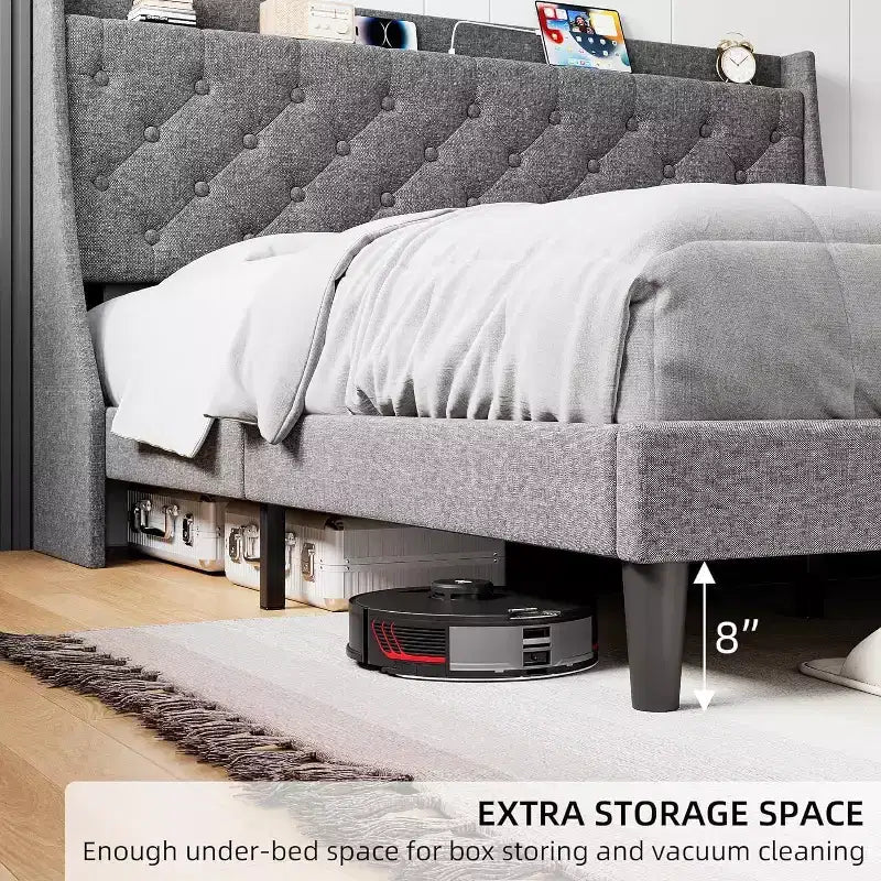 Struttura Letto Imbottita King Size con Porte USB, Testiera a Orecchioni, Ripiano Portaoggetti e Stazione di Ricarica, Design Trapuntato a Bottoni