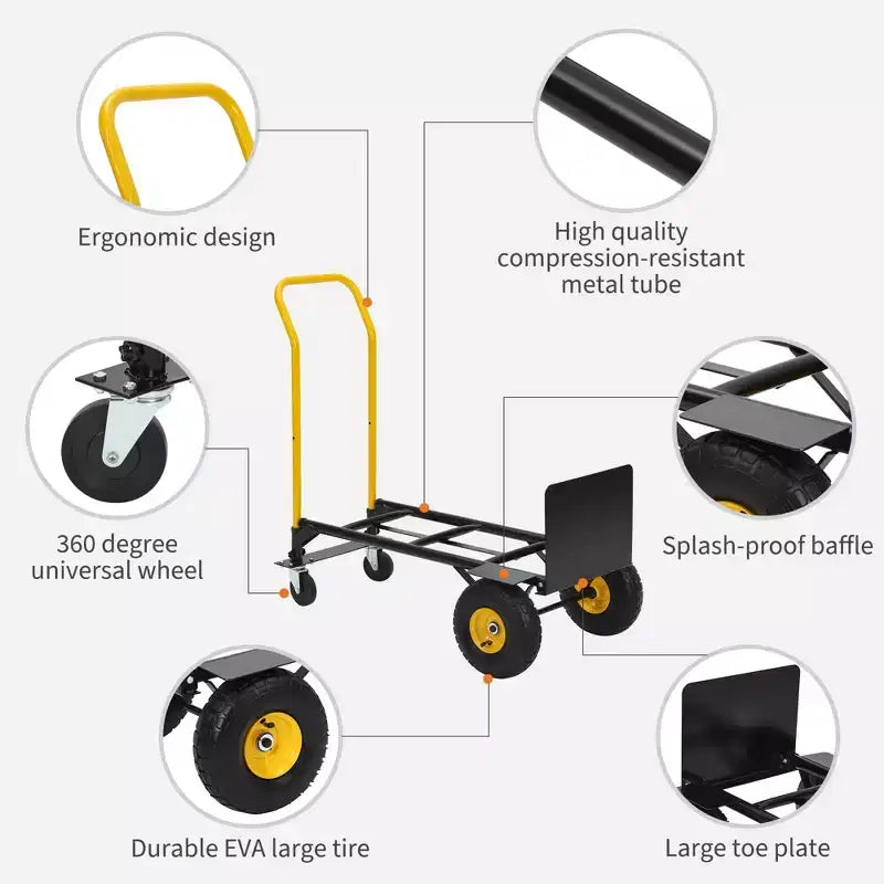 Carrello con Ruote - Capacità 180 kg Carrello a Mano Robusto con 4 Ruote Antiforatura, Carrello a Mano 2 in 1