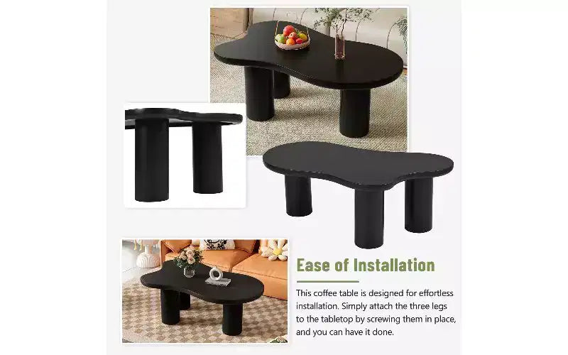 Tavolino da caffè in MDF a forma di nuvola con bordo arrotondato, gambe cilindriche spesse, tavolino da centro per soggiorno, tavolino irregolare con 3 gambe robuste