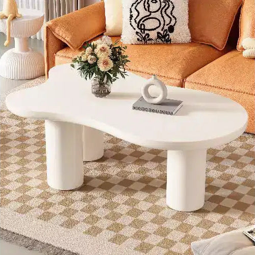TUYOHW Cloud-Shaped MDF Coffee Table with Round Edge, Thick Cylindrical Legs Center Table for Living Room, Irregular End Table with 3 Sturdy Legs