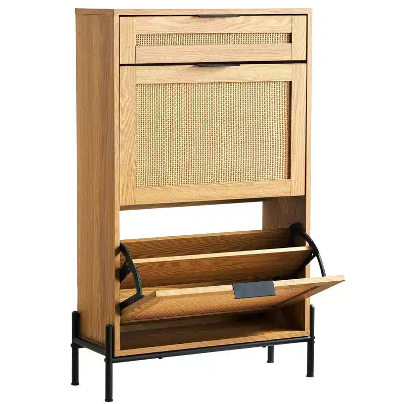 Mobile Scarpiera Stretto in Rattan, 2 Ante Ribaltabili in Rattan e 1 Cassetto Scorrevole, Gambe in Metallo, Ingresso/Corridoio/Ripostiglio, Colore Legno Chiaro