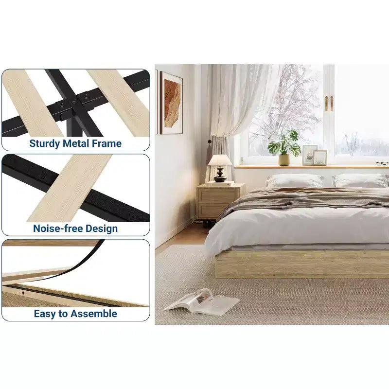 Struttura Letto in Legno con Piattaforma, Base Materasso Minimalista Senza Testiera, Supporto a Doghe in Legno, Facile da Montare, Nessuna Rete a Molle Necessaria