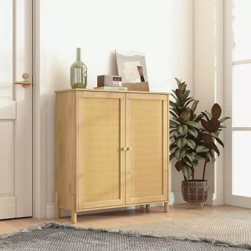 Madia Moderna con Ante e Ripiani Regolabili, Credenza da Cucina Mid-Century, Mobili Contenitori con Ante in Rattan - Panipeachy