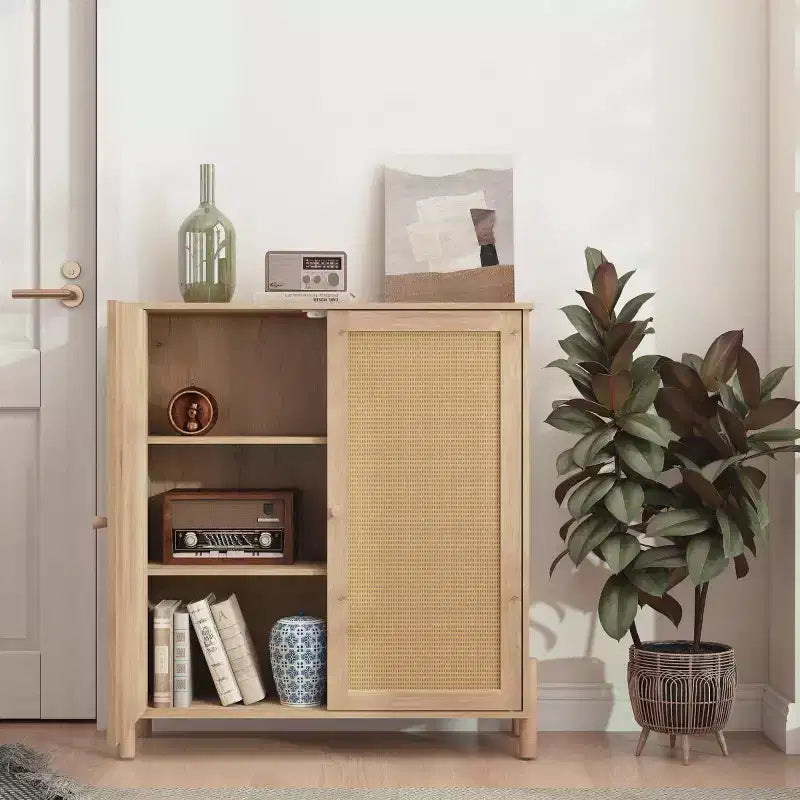 Madia Moderna con Ante e Ripiani Regolabili, Credenza da Cucina Mid-Century, Mobili Contenitori con Ante in Rattan - Panipeachy