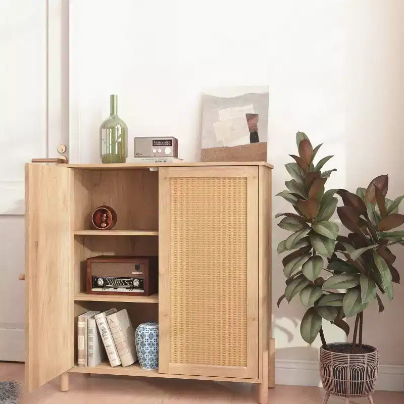 Madia Moderna con Ante e Ripiani Regolabili, Credenza da Cucina Mid-Century, Mobili Contenitori con Ante in Rattan - Panipeachy