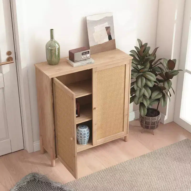 Madia Moderna con Ante e Ripiani Regolabili, Credenza da Cucina Mid-Century, Mobili Contenitori con Ante in Rattan - Panipeachy
