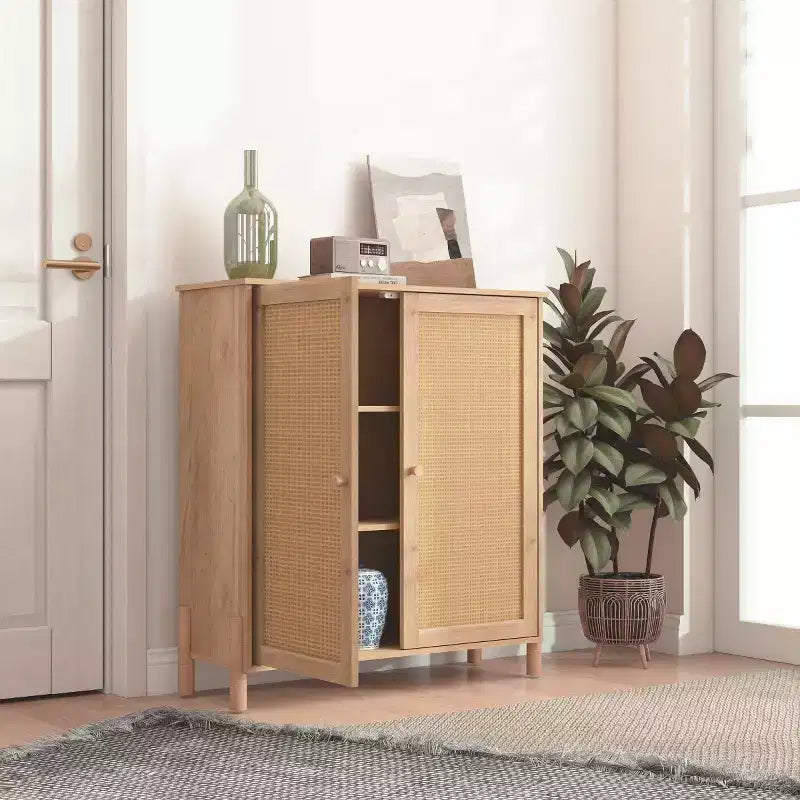 Madia Moderna con Ante e Ripiani Regolabili, Credenza da Cucina Mid-Century, Mobili Contenitori con Ante in Rattan - Panipeachy