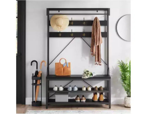 100CM Hall Tree with Shoe Bench, Metal + Particle Board,