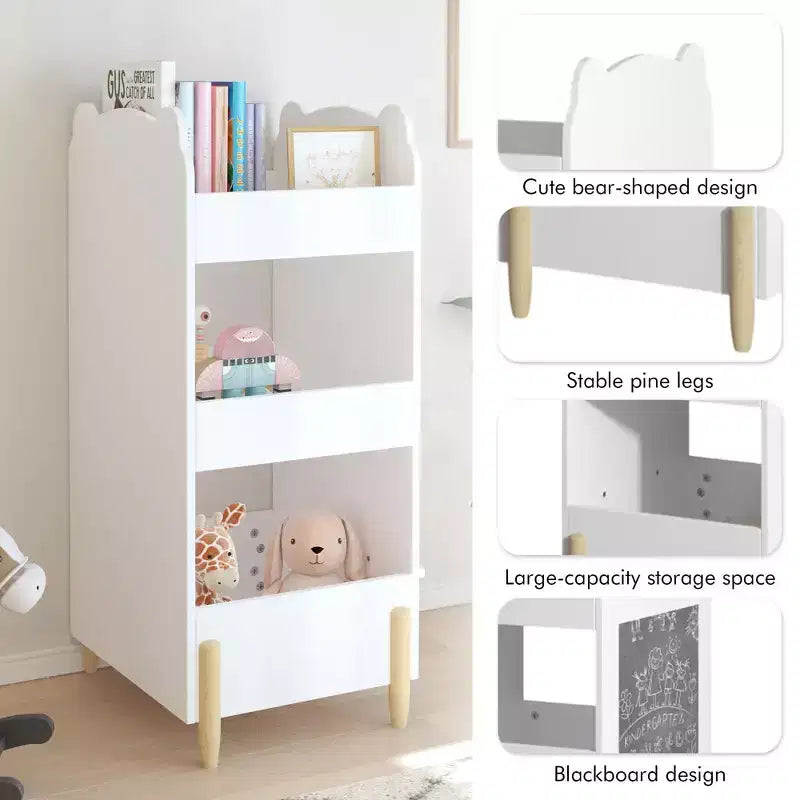 Libreria per bambini con lavagna laterale, Libreria in legno a forma di orsetto con 3 ripiani, Lavagna per bambini, Contenitore per giocattoli e libri, Colore bianco