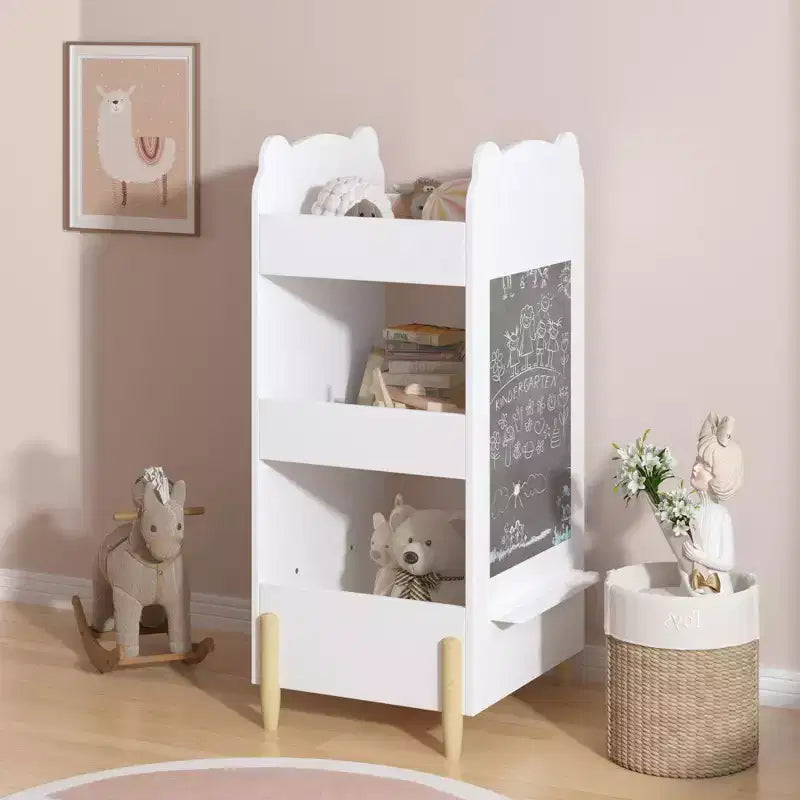 Libreria per bambini con lavagna laterale, Libreria in legno a forma di orsetto con 3 ripiani, Lavagna per bambini, Contenitore per giocattoli e libri, Colore bianco
