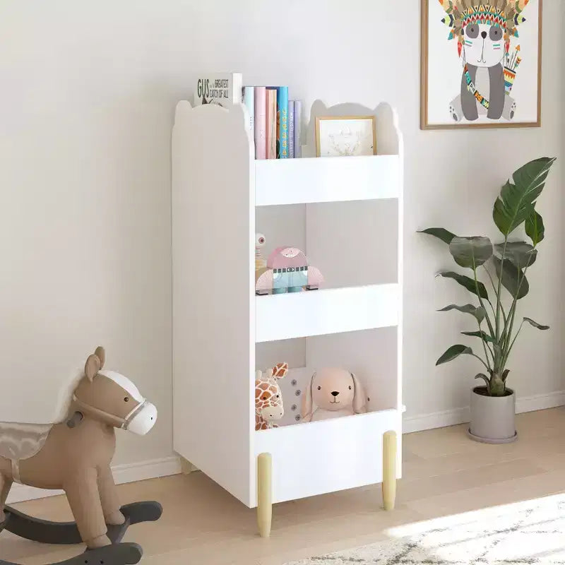 Libreria per bambini con lavagna laterale, Libreria in legno a forma di orsetto con 3 ripiani, Lavagna per bambini, Contenitore per giocattoli e libri, Colore bianco