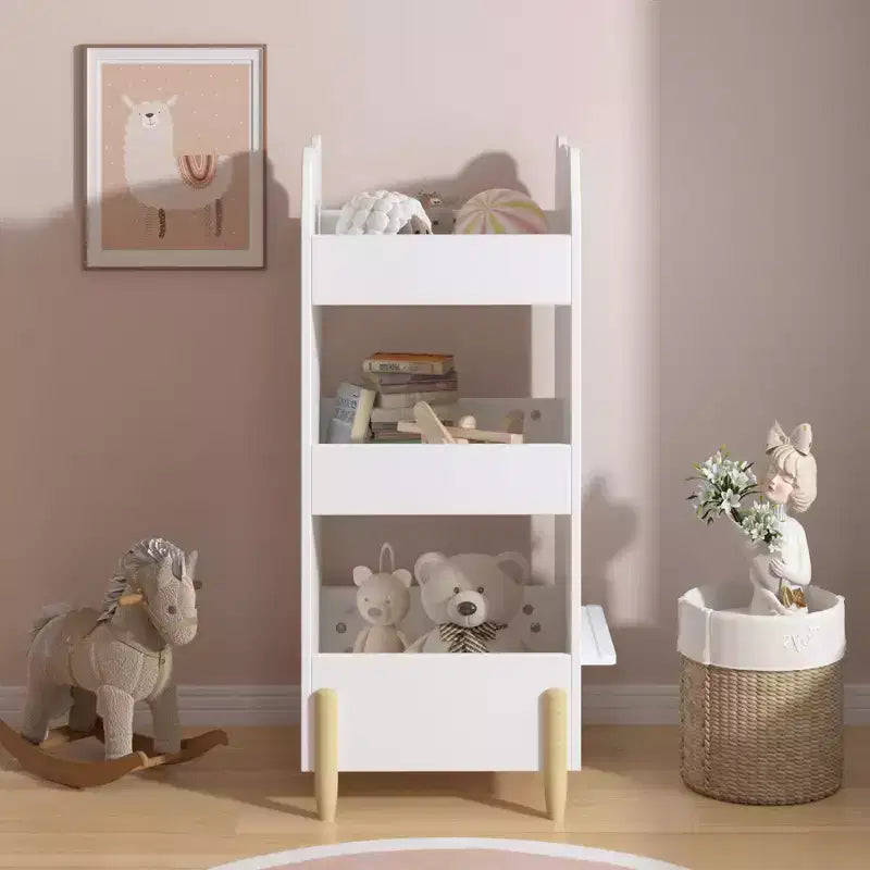 Libreria per bambini con lavagna laterale, Libreria in legno a forma di orsetto con 3 ripiani, Lavagna per bambini, Contenitore per giocattoli e libri, Colore bianco