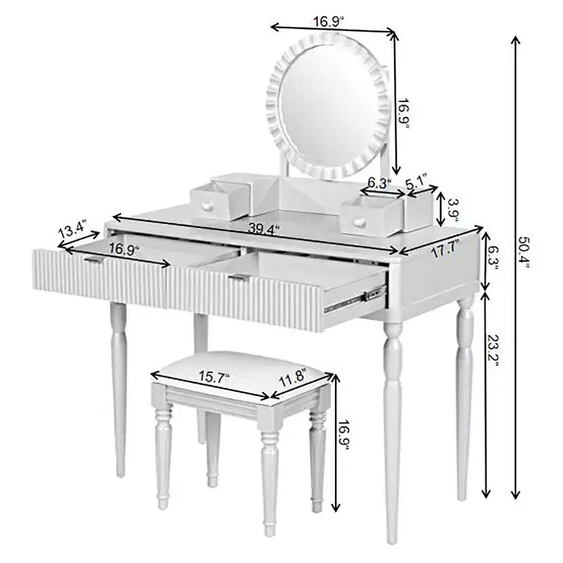 Moderna Toletta di Lusso con 4 Cassetti Contenitori e Sgabello, con Specchio Rotondo, Asta Appendini Regolabile su Tre Livelli, Argento
