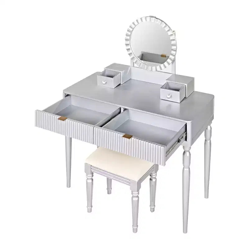 Moderna Toletta di Lusso con 4 Cassetti Contenitori e Sgabello, con Specchio Rotondo, Asta Appendini Regolabile su Tre Livelli, Argento
