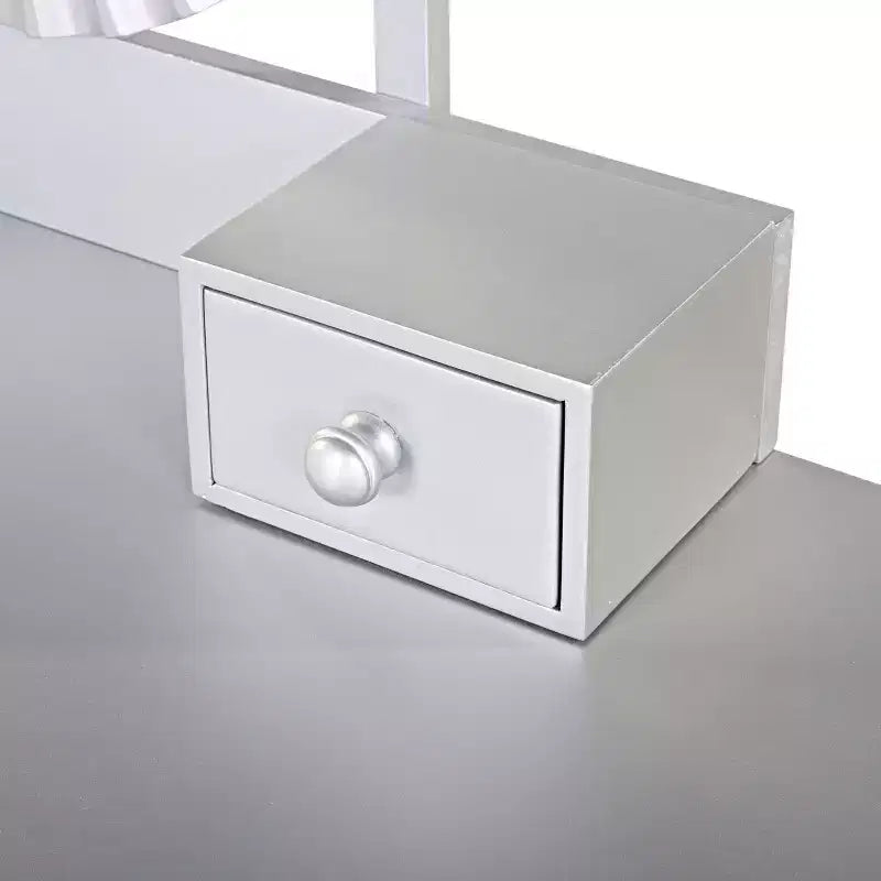 Moderna Toletta di Lusso con 4 Cassetti Contenitori e Sgabello, con Specchio Rotondo, Asta Appendini Regolabile su Tre Livelli, Argento