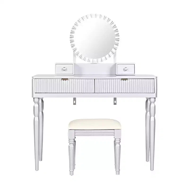 Moderna Toletta di Lusso con 4 Cassetti Contenitori e Sgabello, con Specchio Rotondo, Asta Appendini Regolabile su Tre Livelli, Argento