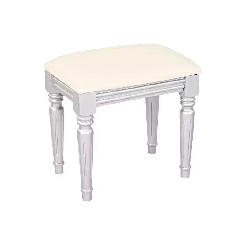 Moderna Toletta di Lusso con 4 Cassetti Contenitori e Sgabello, con Specchio Rotondo, Asta Appendini Regolabile su Tre Livelli, Argento