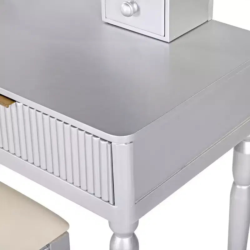 Moderna Toletta di Lusso con 4 Cassetti Contenitori e Sgabello, con Specchio Rotondo, Asta Appendini Regolabile su Tre Livelli, Argento