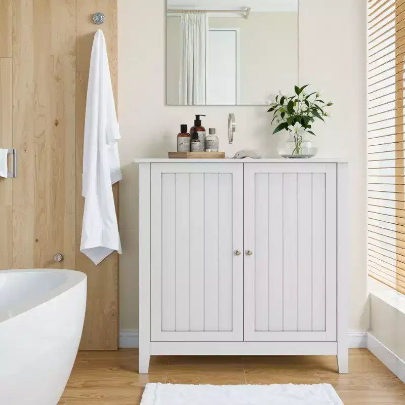 Mobiletto salvaspazio da bagno bianco 32", credenza piccola indipendente con ripiano regolabile - Panipeachy