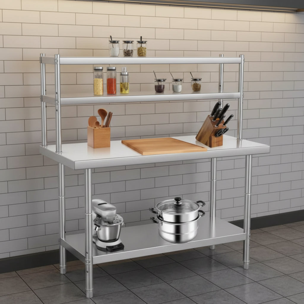 Custom Stainless Steel Kitchen Workbench with Double-layer Tabletop Shelf