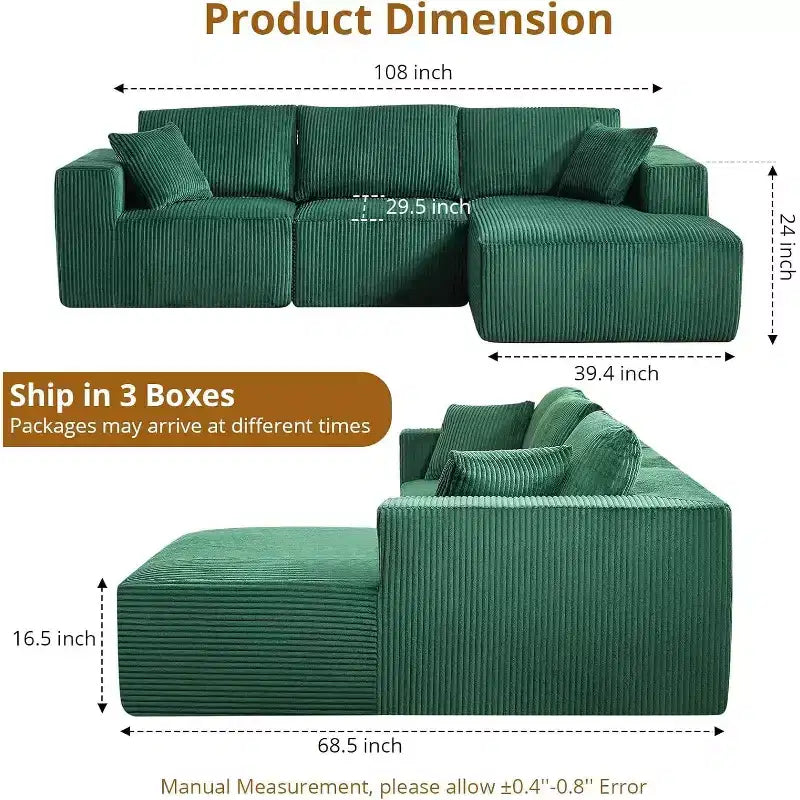 Divano componibile a L, 108 Cloud Modulare, Corduroy, Seduta profonda, Nessun assemblaggio, per Soggiorno, Verde Smeraldo, Orientamento a destra