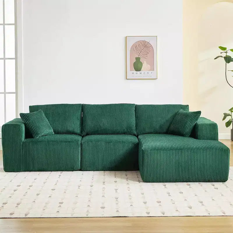 Divano componibile a L, 108 Cloud Modulare, Corduroy, Seduta profonda, Nessun assemblaggio, per Soggiorno, Verde Smeraldo, Orientamento a destra