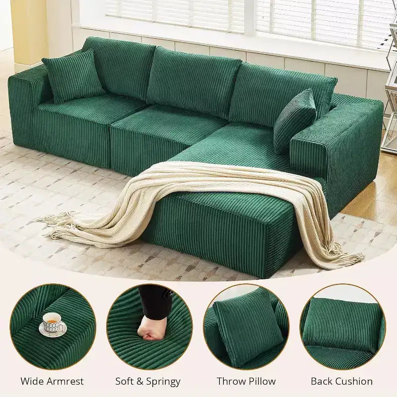 Divano componibile a L, 108 Cloud Modulare, Corduroy, Seduta profonda, Nessun assemblaggio, per Soggiorno, Verde Smeraldo, Orientamento a destra