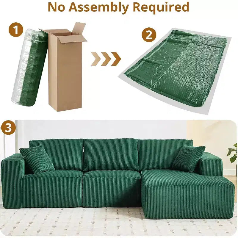 Divano componibile a L, 108 Cloud Modulare, Corduroy, Seduta profonda, Nessun assemblaggio, per Soggiorno, Verde Smeraldo, Orientamento a destra