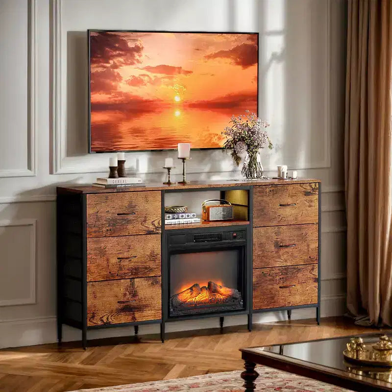Mobile TV da cascina 58'' per TV fino a 70'' con camino elettrico e 6 cassetti