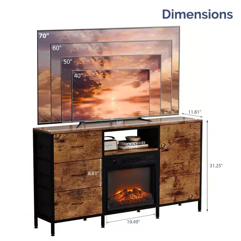 Mobile TV da cascina 58'' per TV fino a 70'' con camino elettrico e 6 cassetti