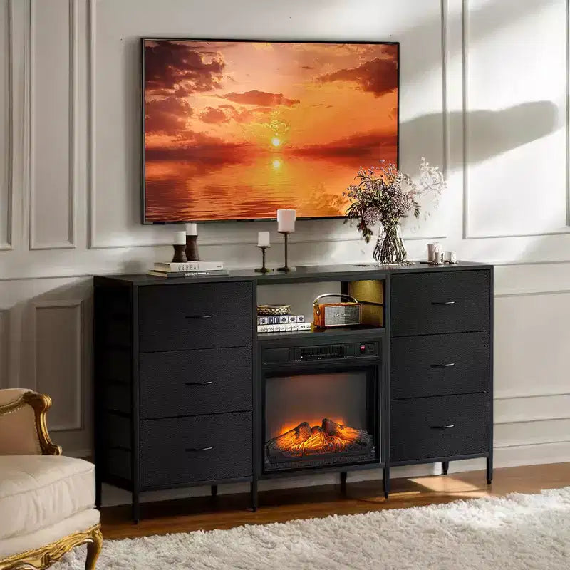 Mobile TV da cascina 58'' per TV fino a 70'' con camino elettrico e 6 cassetti