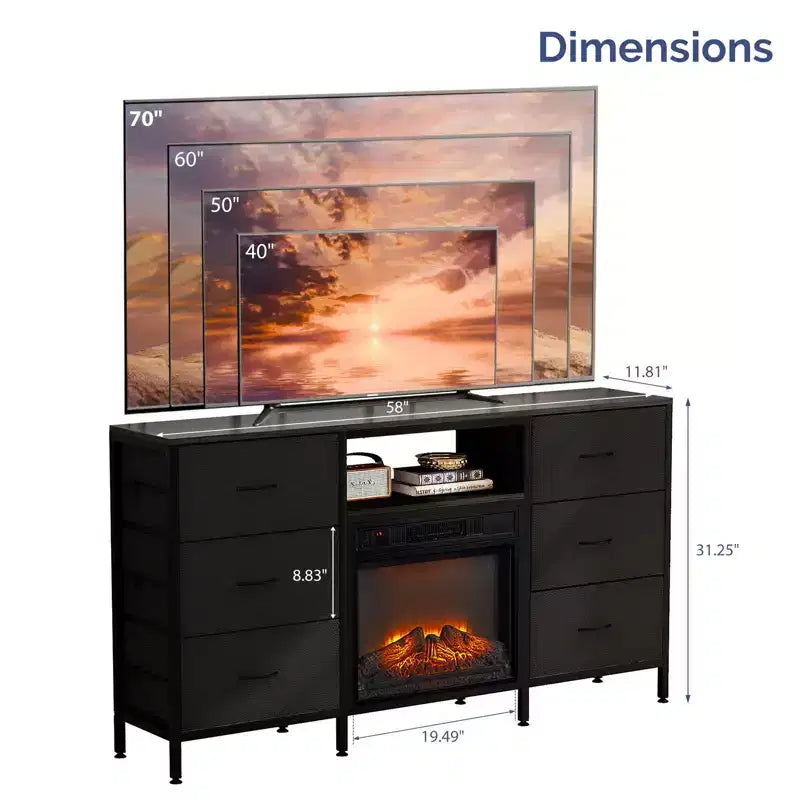 Mobile TV da cascina 58'' per TV fino a 70'' con camino elettrico e 6 cassetti