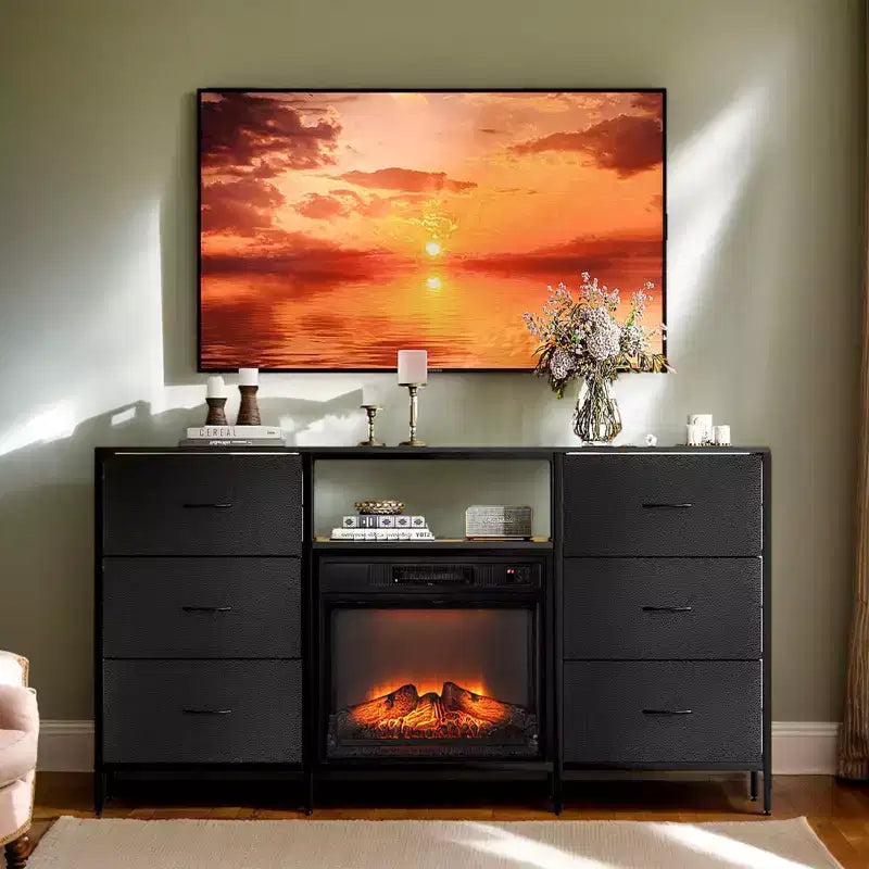 Mobile TV da cascina 58'' per TV fino a 70'' con camino elettrico e 6 cassetti