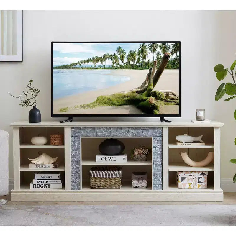 Mobile TV per televisori fino a 75 pollici, console multimediale TV in stile rustico con cornice in finto muro a secco e ripiani aperti