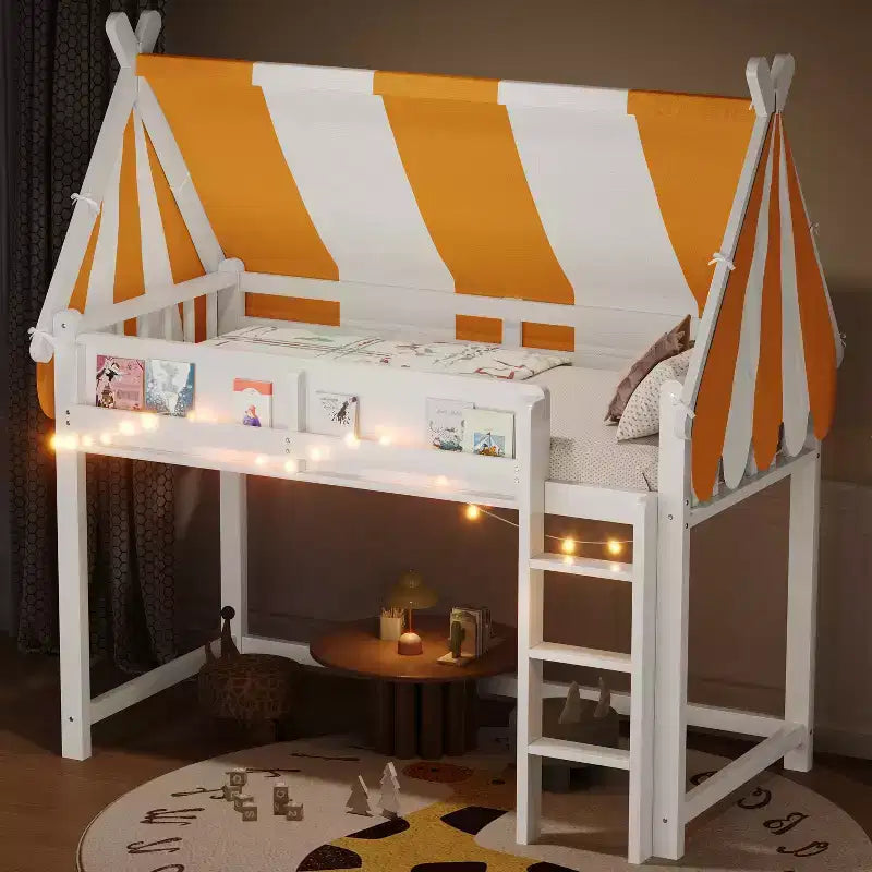 Letto a soppalco matrimoniale/doppio con tetto e tettuccio, letto a casetta in legno con luci a LED e libreria per cameretta di bambini e bambine