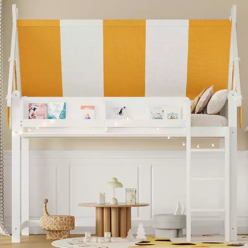Letto a soppalco matrimoniale/doppio con tetto e tettuccio, letto a casetta in legno con luci a LED e libreria per cameretta di bambini e bambine