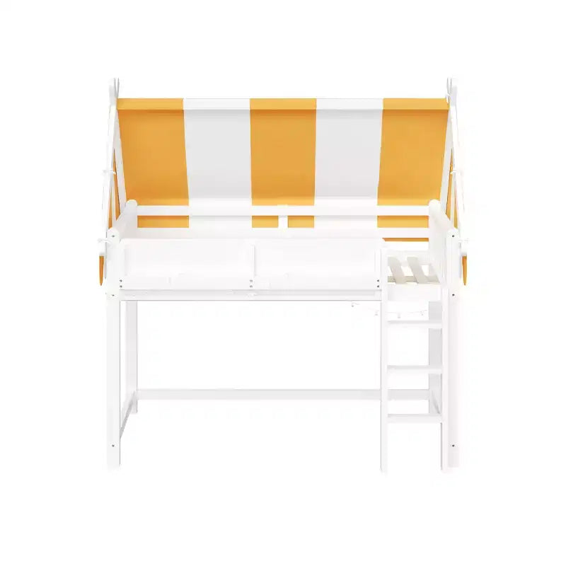 Letto a soppalco matrimoniale/doppio con tetto e tettuccio, letto a casetta in legno con luci a LED e libreria per cameretta di bambini e bambine