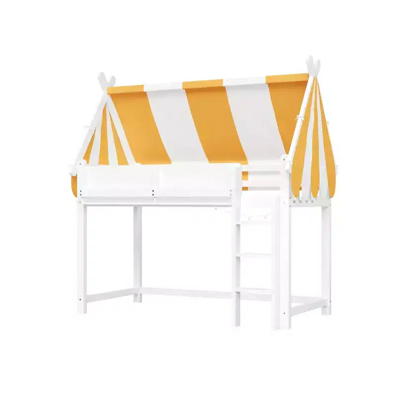 Letto a soppalco matrimoniale/doppio con tetto e tettuccio, letto a casetta in legno con luci a LED e libreria per cameretta di bambini e bambine