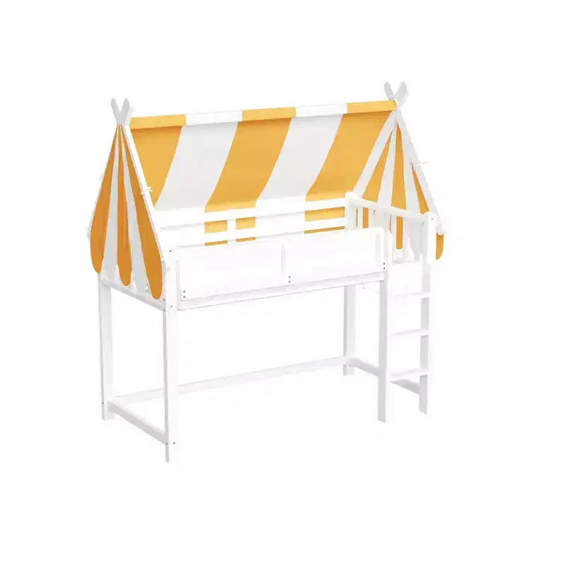 Letto a soppalco matrimoniale/doppio con tetto e tettuccio, letto a casetta in legno con luci a LED e libreria per cameretta di bambini e bambine