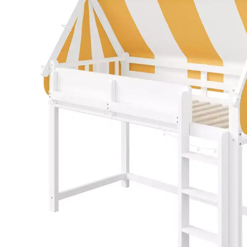 Letto a soppalco matrimoniale/doppio con tetto e tettuccio, letto a casetta in legno con luci a LED e libreria per cameretta di bambini e bambine